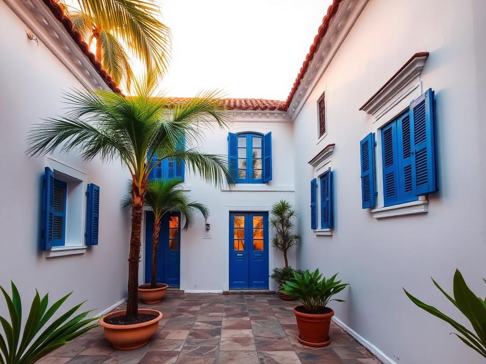 Portuguese-style Goan rental house courtyard with blue shutters